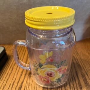 Pioneer Woman Clear w Flowers Acrylic Mug w Handle Yellow Screw  Lid No Straw